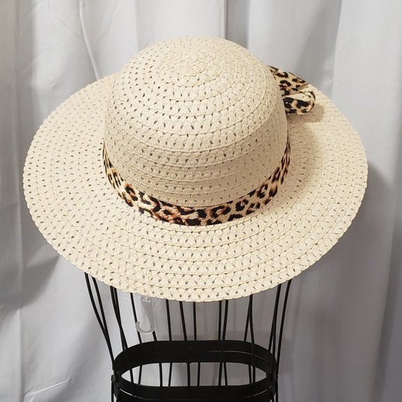 Fun Straw Sun Hat w/ Leopard Print Ribbon NWT